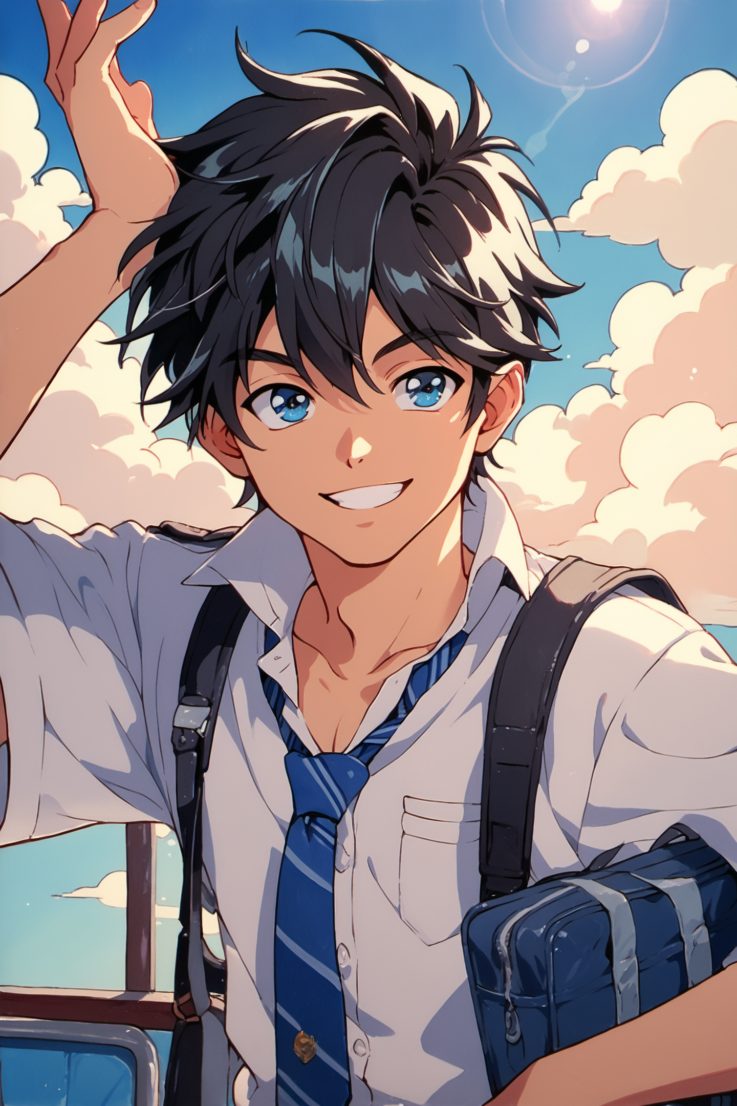 27502-1369665688-1boy,solo,male focus,necktie,black hair,cloud,sky,day,blue eyes,school uniform,traditional media,smile,score_9,score_8_up,score_.png